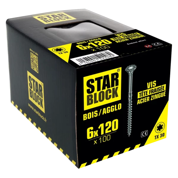 Vis bois/agglo – 6×120 – Tête fraisée – Torx® – Acier zingué – boîte de 100 pièces 477356