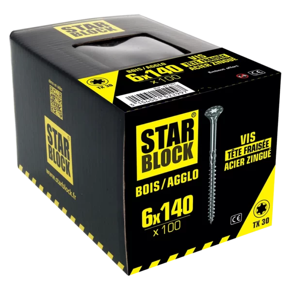 Vis bois/agglo – 6×140 – Tête fraisée – Torx® – Acier zingué – boîte de 100 pièces 477357