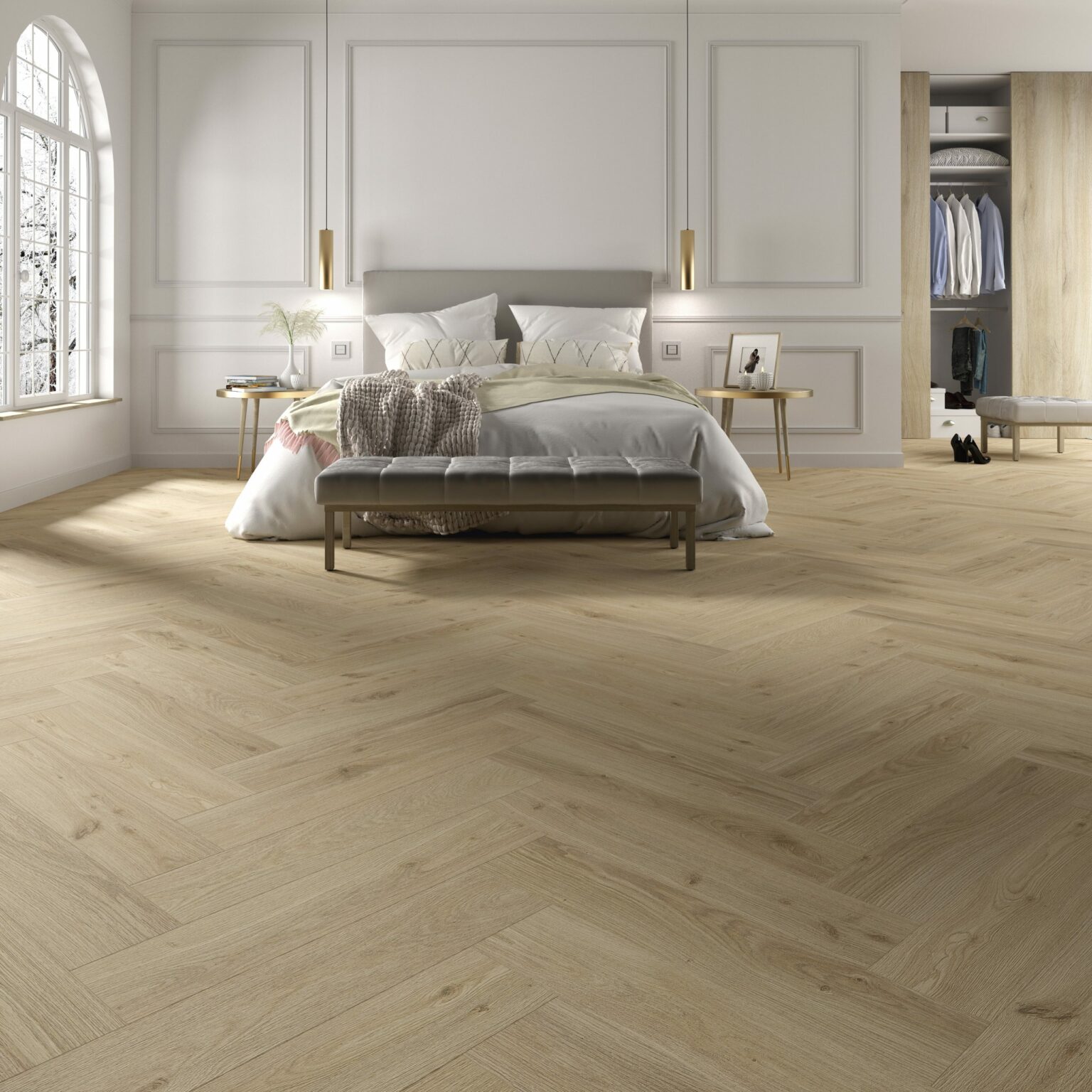 3. Chêne Majorque – Pose Bâton Rompu Un motif élégant en chevrons, pour un effet parquet haussmannien revisité.